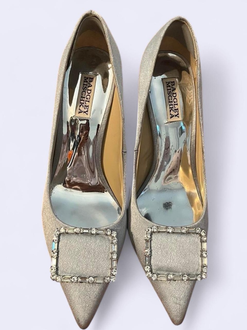 Badgley Mischka Metallic Silver Pointed Toe Crystal Buckle Pumps